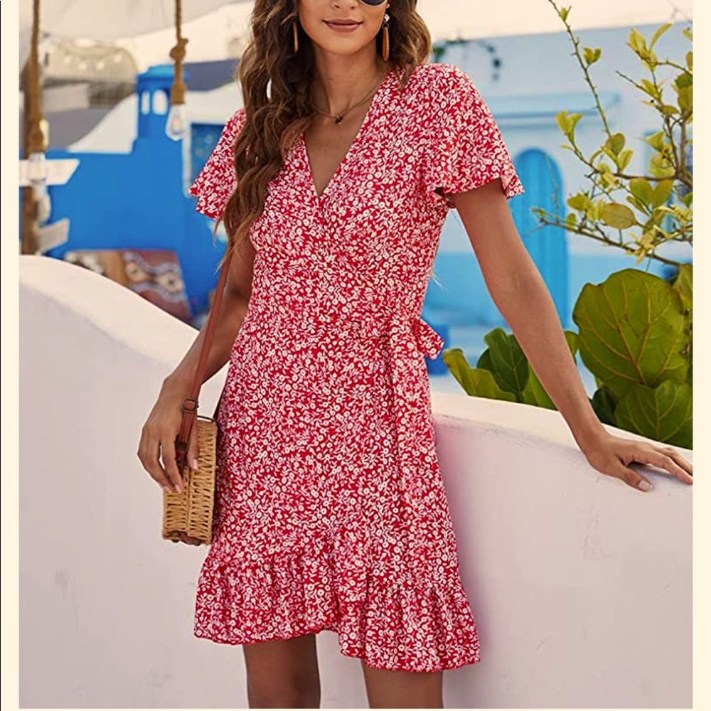 Summer Wrap dress V Neck Ruffle Short Sleeve Mini Floral Dress with Belt